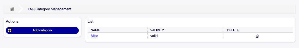 FAQ Category Management Screen