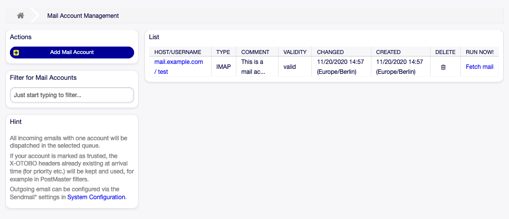 Mail Account Management Screen