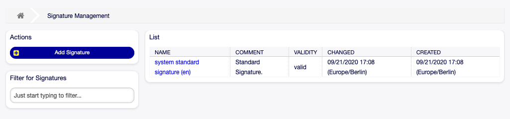 Signature Management Screen