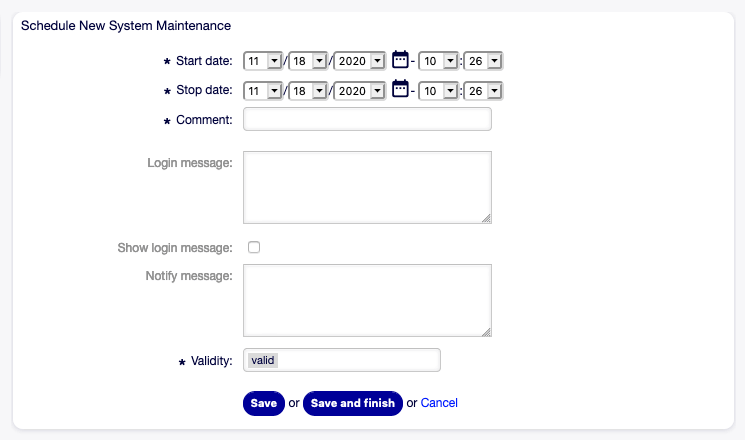 Schedule New System Maintenance Screen