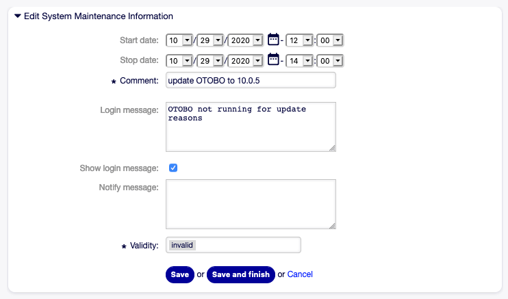 Edit System Maintenance Information Screen