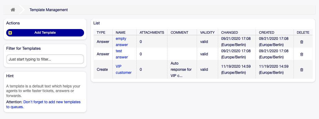 Template Management Screen