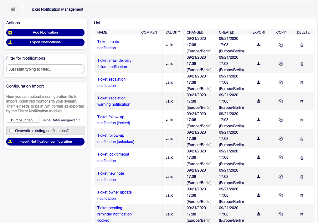 Ticket Notification Management Screen