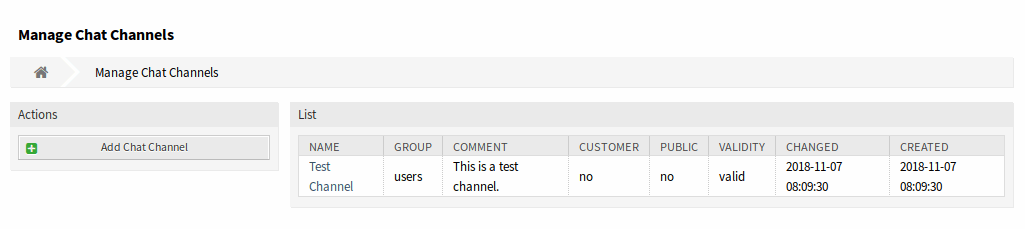 Chat Channel Management Screen